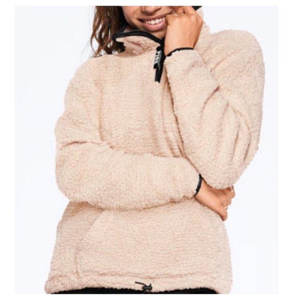 NWOT Victoria's Secret Pink Sherpa Quarter Zip Pullover Jacket Size S - Picture 1 of 12
